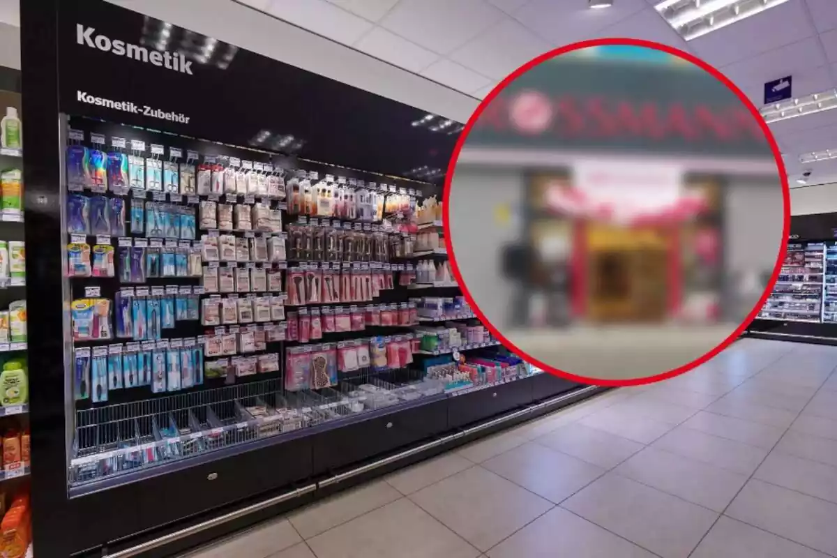 Montaje con productos de cosmética dentro de una tienda y una tienda Rossman desenfocada