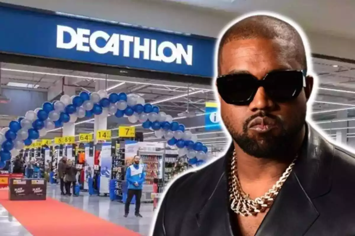 Montaje con la imagen de la entrada de una tienda de Decatlhon y el rostro del rapero estadounidense Kanye West