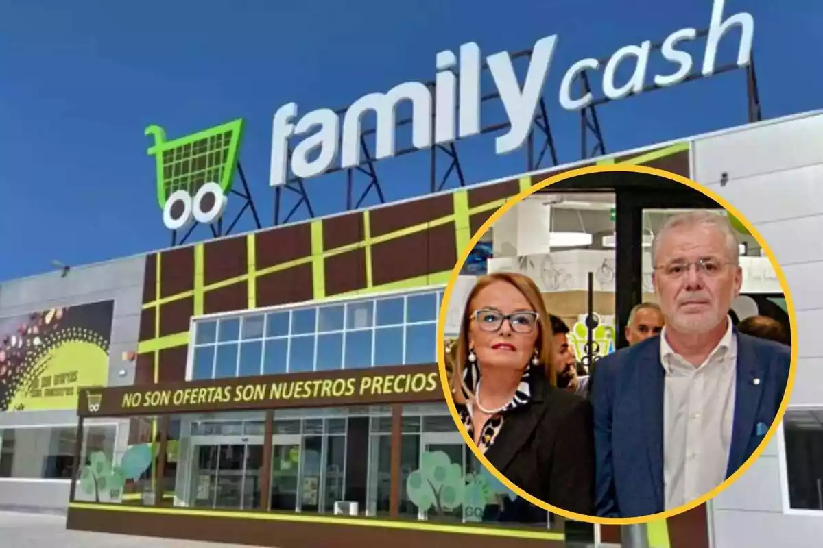 Montaje con el exterior de un supermercado de Family Cash y un círculo con los dueños de la cadena, José Canet y Rosa María Ferrero