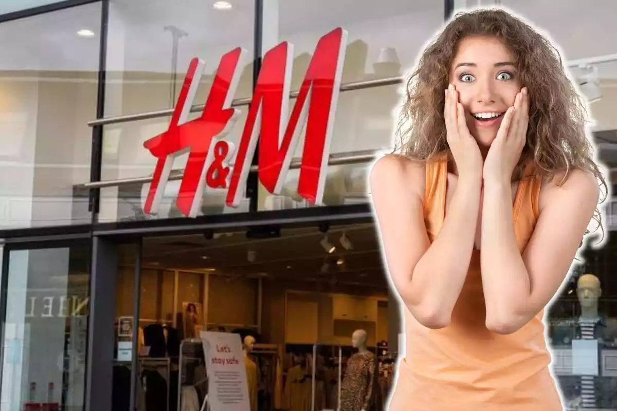 Montaje del exterior de una tienda de moda de H&M con una chica sorprendida en el lado derecho