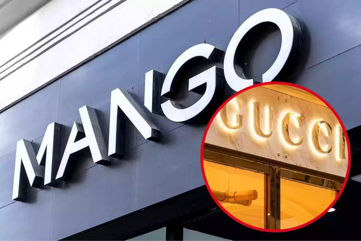 Montaje con el letrero de Mango en el exterior de una de sus tiendas y un círculo con el letrero de Gucci en la puerta de uno de sus establecimientos