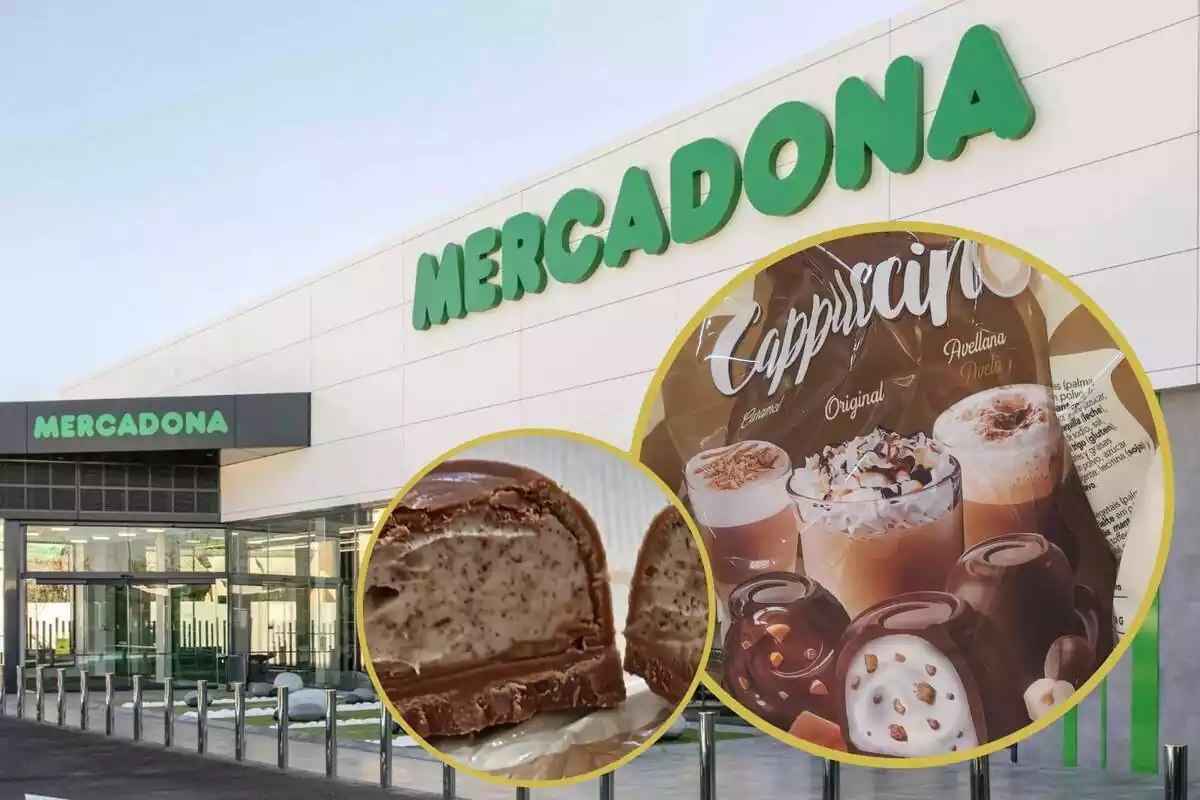 Montaje con el exterior de una tienda de Mercadona y dos círculos con la bolsa de bombones Capuccino de tres sabores y uno de los bombones partido por la mitad