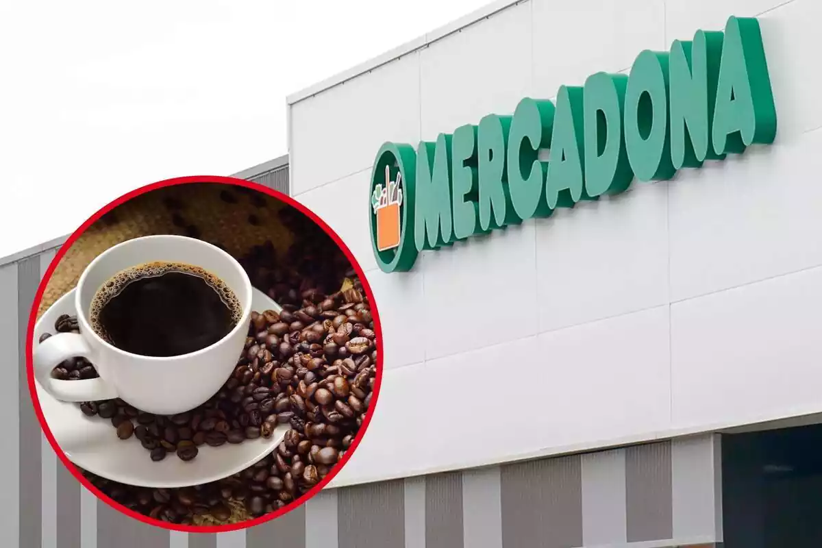 Montaje con el letrero en el exterior de una tienda de Mercadona y un círculo con una taza llena de café y granos de café