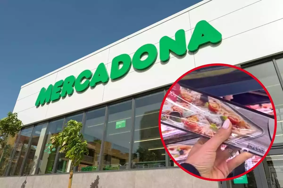 Montaje con el exterior de una tienda de Mercadona y un círculo con una mano sujetando la nueva masa de pizza rectangular de la marca blanca Hacendado