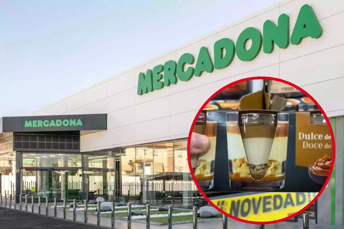 Montaje con el exterior de una tienda de Mercadona y un círculo con el nuevo postre de dulce de leche y galleta