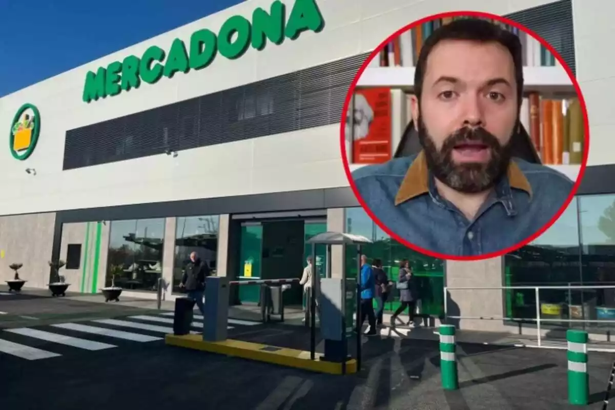 Fachada de un Mercadona, con Juan Ramón Rallo en el círculo