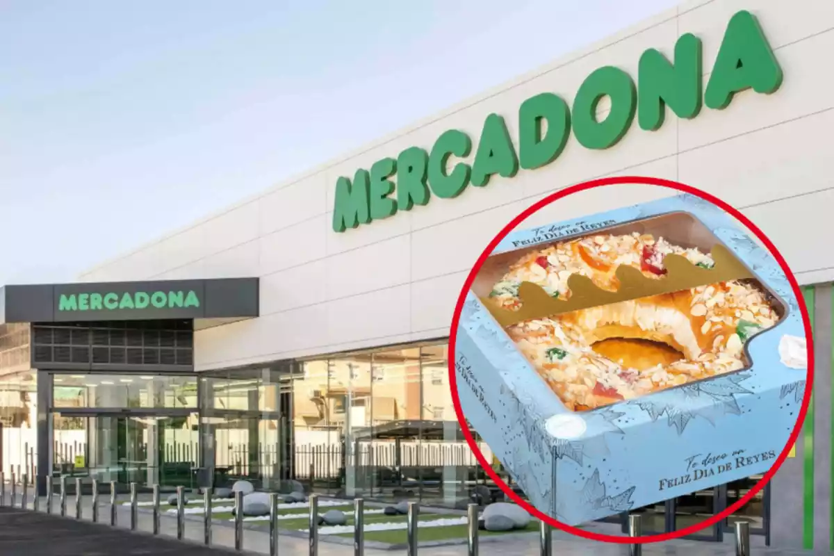 Montaje con el exterior de una tienda de Mercadona y un círculo con el roscón de Reyes que vende la cadena