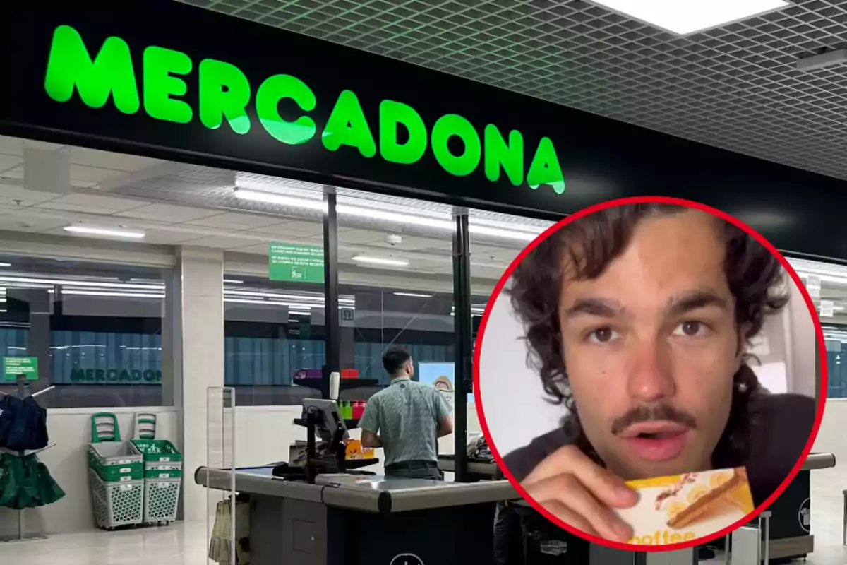 Montaje con el interior de una tienda de Mercadona y un círculo con la cara del tiktoker @peldanyos