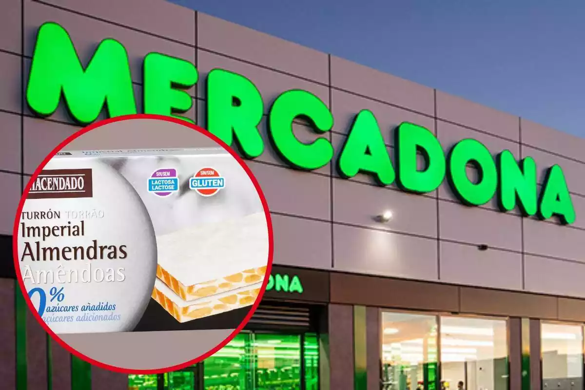 Montaje con el exterior de una tienda de Mercadona y un círculo con el turrón de almendras sin azúcares de la marca blanca Hacendado