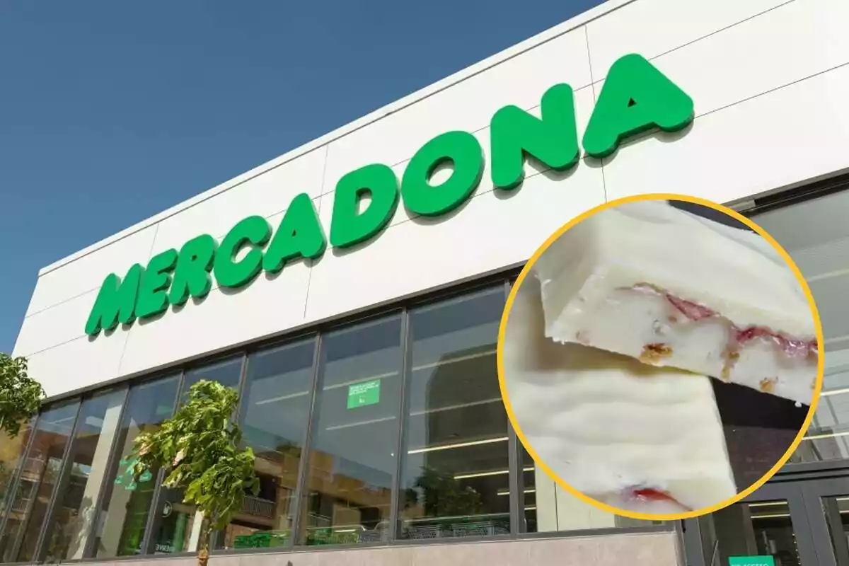 Montaje con el exterior de una tienda de Mercadona y un círculo con el turrón cheesecake de la cadena