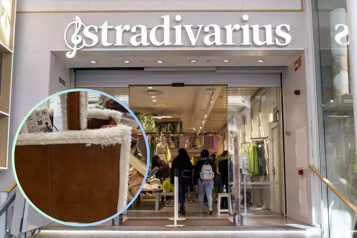 Montaje con el exterior de una tienda de Stradivarius y un círculo con la tote doble faz marrón de la misma marca