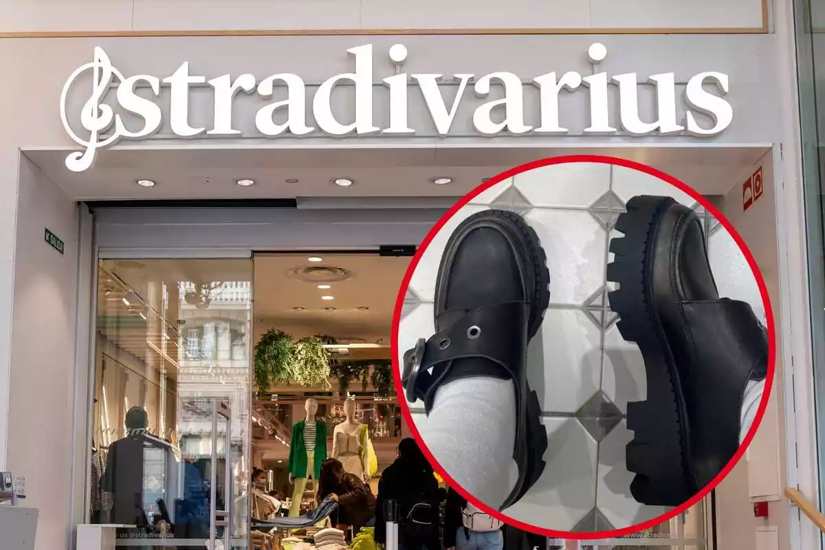 Montaje con el exterior de una tienda de Stradivarius y un círculo con sus mocasines negros con plataforma