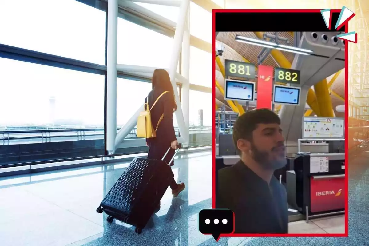 Montaje de mujer con la maleta en el aeropuerto y una captura del tiktok de @daviiglezz donde se le ve imitando a un trabajador de aeropuerto, con camisa y barba