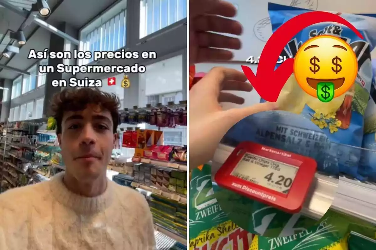 Montaje con dos captura de TikTok con un chico en un supermercado, el precio de una bolsa de patatas con una flecha y un emoji de dinero