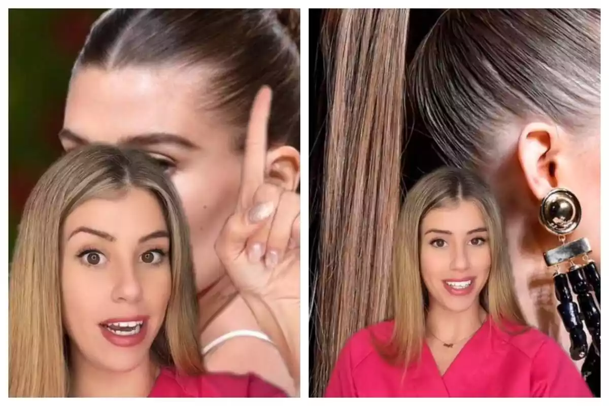 Captura de TikTok con una tiktoker señanado el pelo de una chica y un peinado de coleta Captura de TikTok con una tiktoker señanado el pelo de una chica y un peinado de coleta