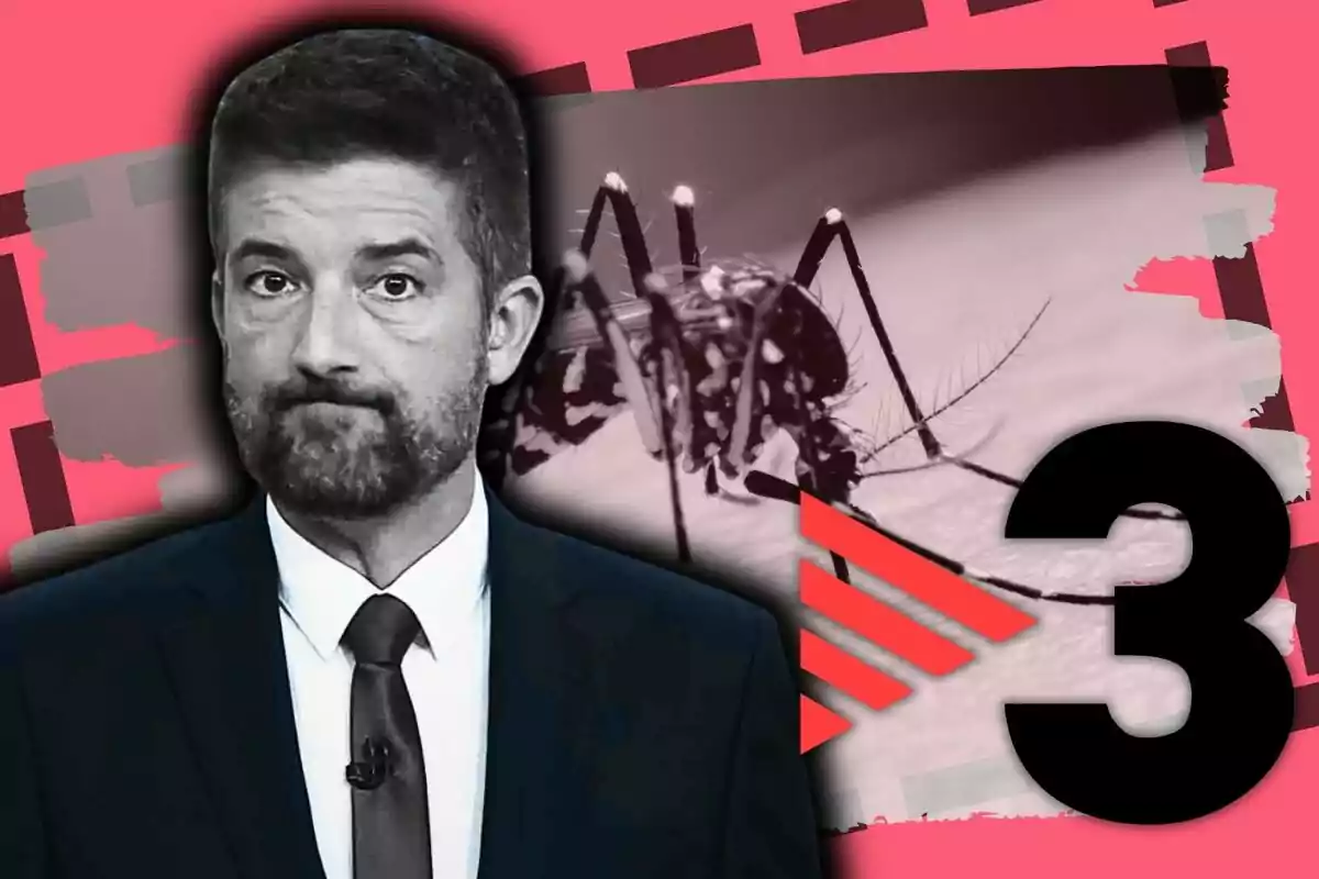 Hombre con expresión seria en primer plano, fondo con un mosquito ampliado y el número tres grande sobre un diseño en tonos rosados y negros
