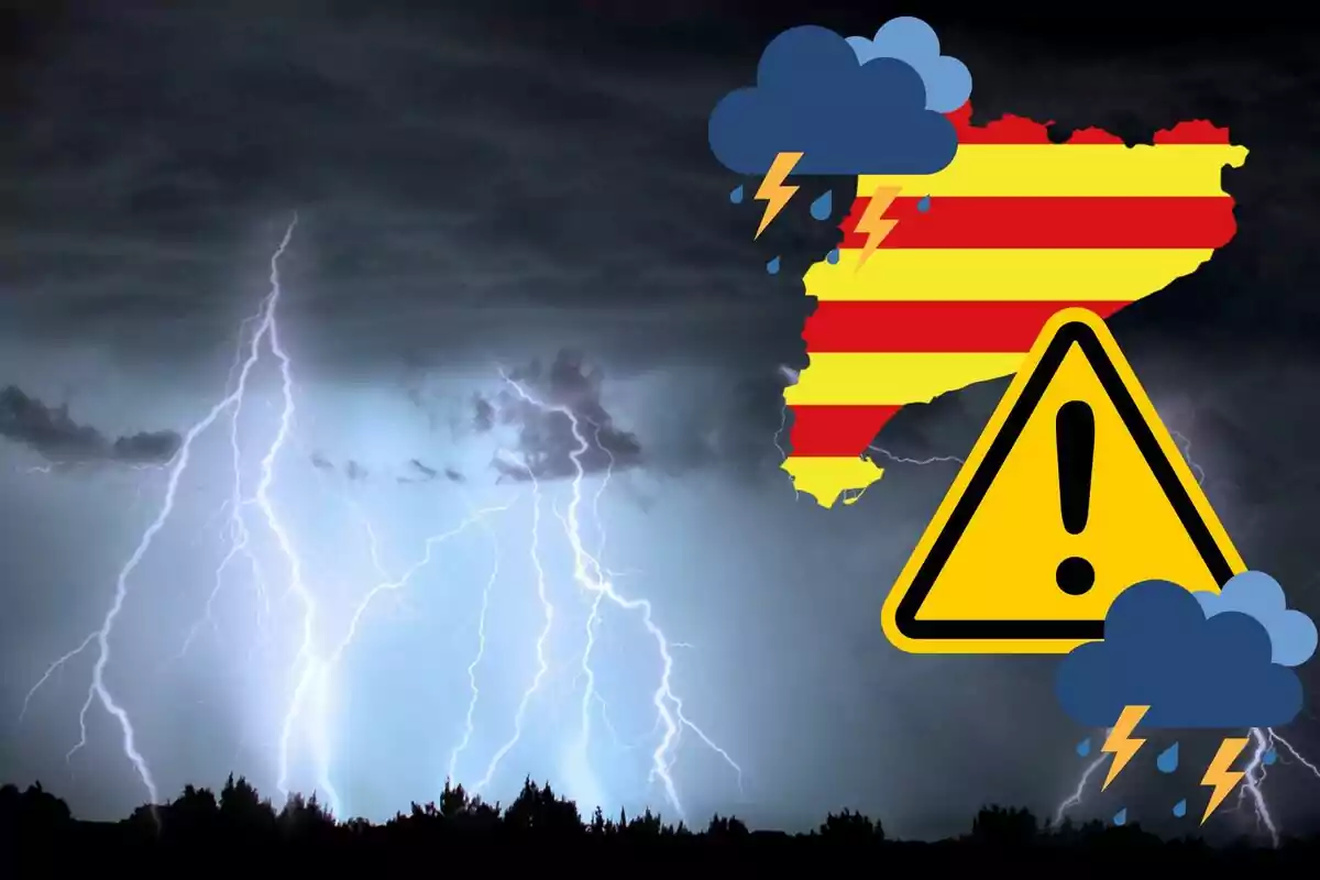 Mapa de Cataluña con iconos de tormenta y señal de advertencia sobre un fondo de relámpagos.