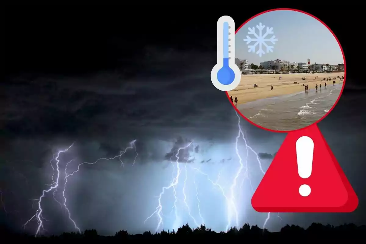 Tormenta eléctrica con rayos en el cielo oscuro y un icono de advertencia que muestra una playa con un termómetro y un copo de nieve.