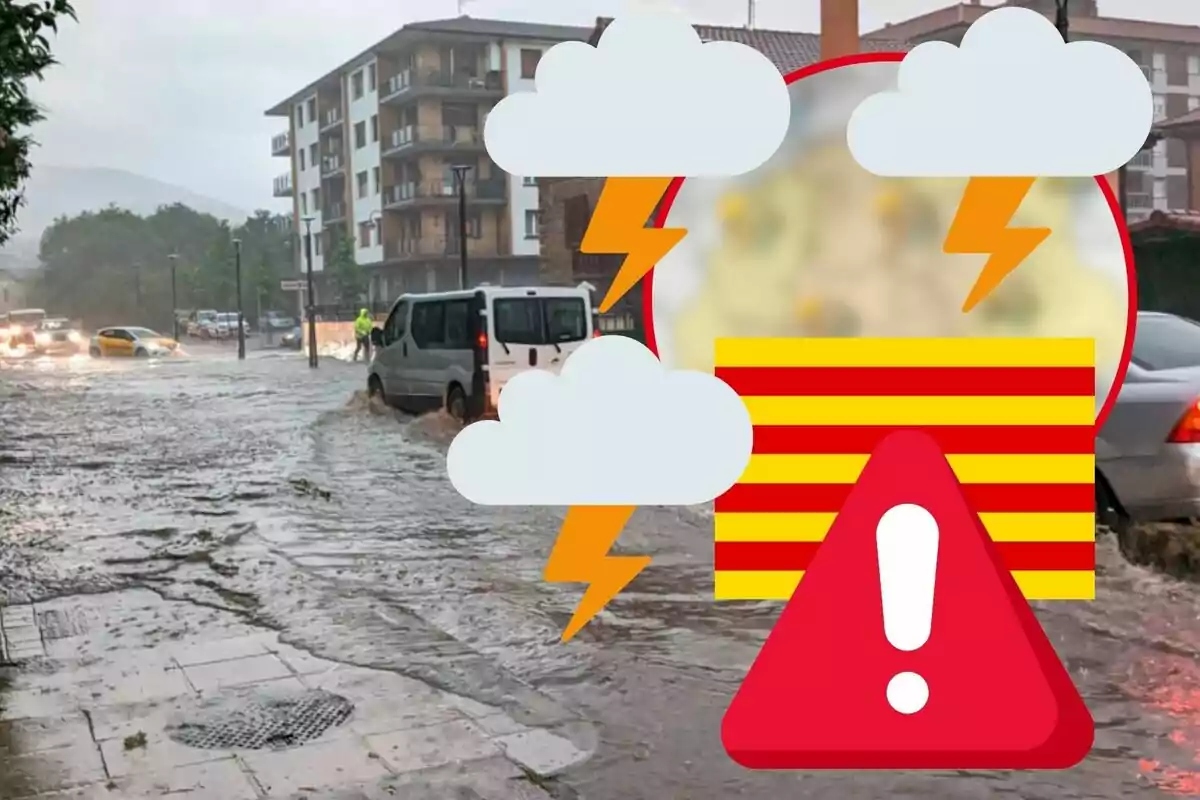 Inundación en una ciudad con vehículos transitando por calles anegadas y un gráfico de advertencia meteorológica superpuesto.