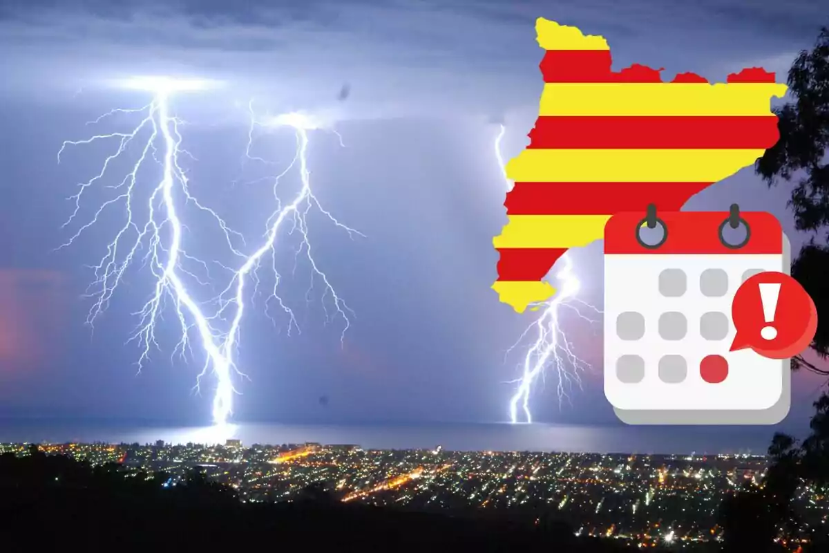 Tormenta eléctrica sobre una ciudad costera con un mapa de Cataluña y un icono de calendario con un signo de exclamación.