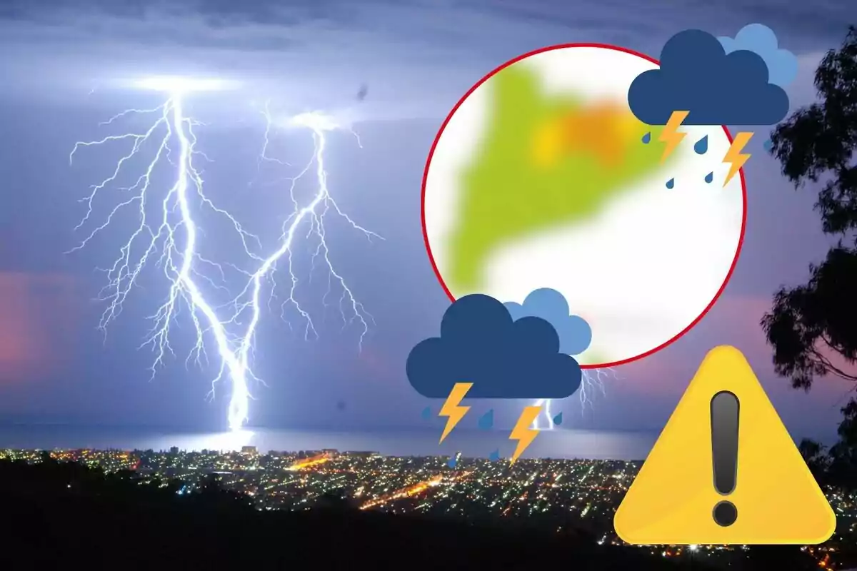 Tormenta eléctrica sobre una ciudad con iconos de advertencia y clima.