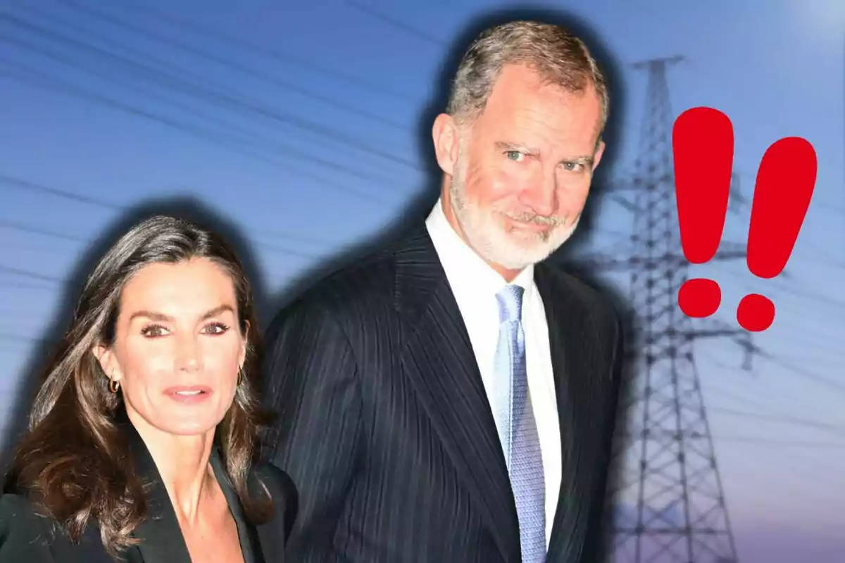 La reina Letizia y Felipe VI vestida formalmente frente a un fondo de torres eléctricas con signos de exclamación rojos.
