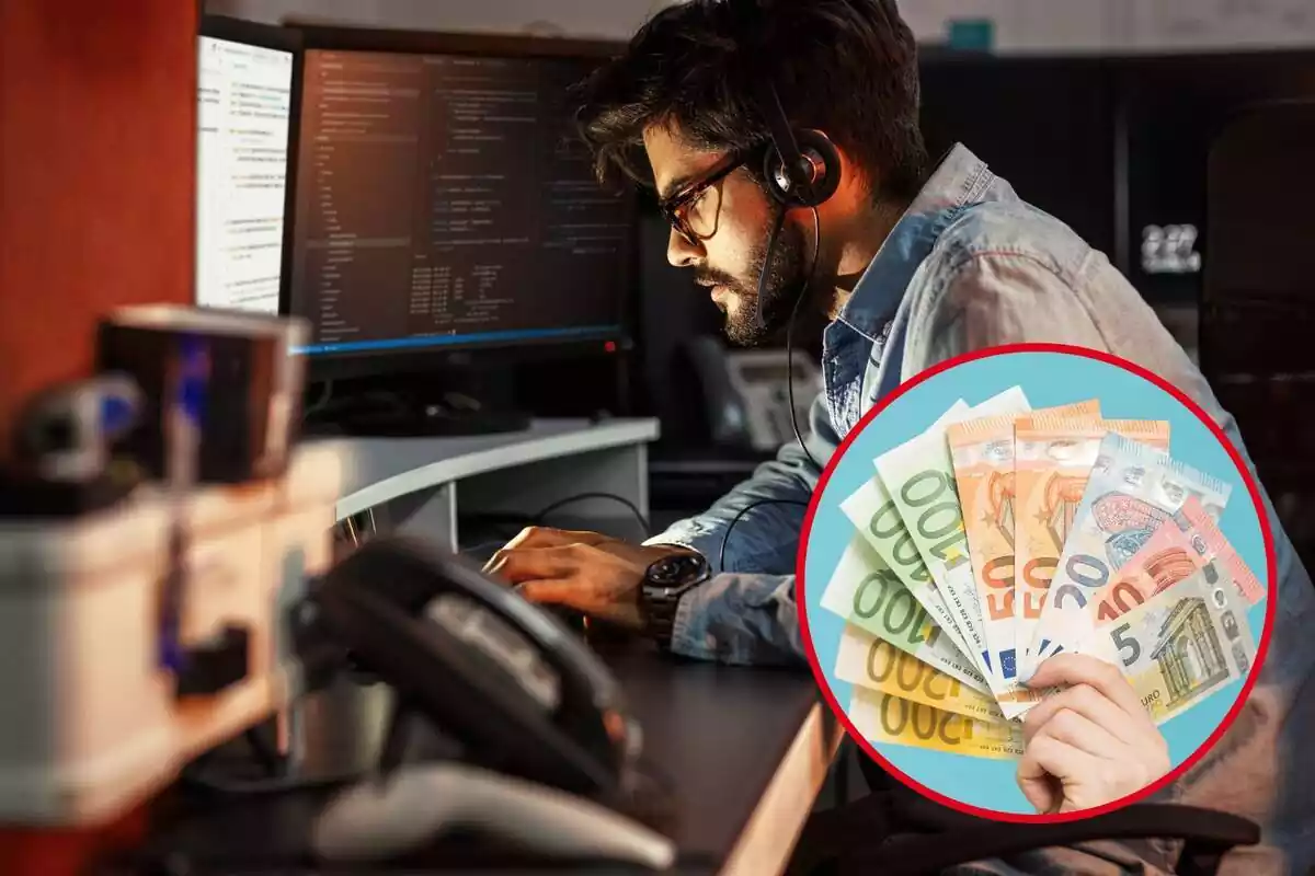 Un hombre trabaja delante de un ordenador de noche, y en el círculo, varios varios billetes de euro