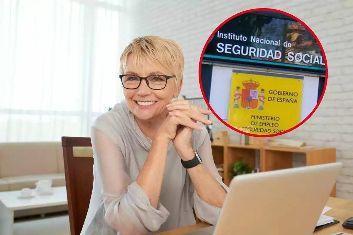 Mujer sonriendo frente a una computadora con un recuadro que muestra el letrero del Instituto Nacional de Seguridad Social de España.