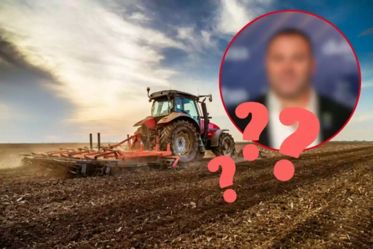 Un tractor trabajando en un campo con una imagen borrosa de una persona rodeada de signos de interrogación.