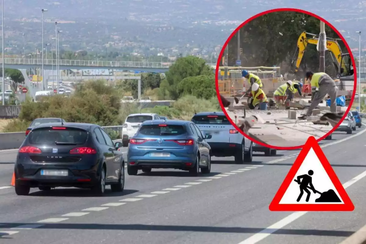 Montaje de una carretera con tráfico de coches, unos obreros haciendo obras en una calle y la señal de obras