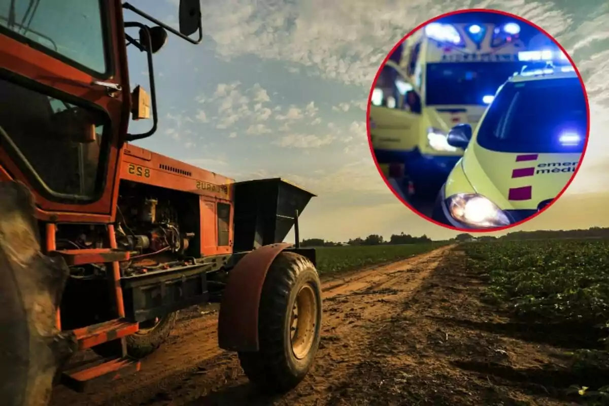 Un tractor rojo en un campo con un círculo que muestra vehículos de emergencia.