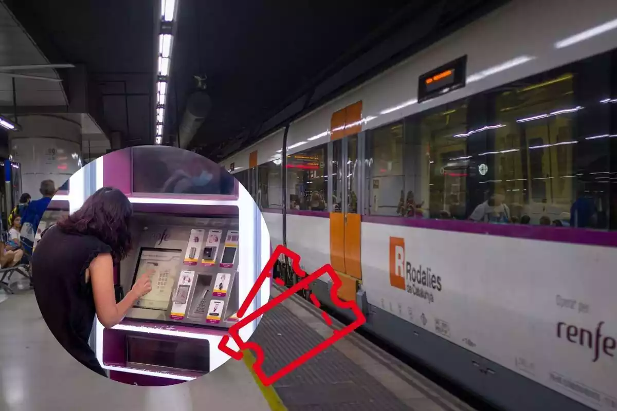 Montaje de un tren de Rodalies parado en una andana, una mujer en una máquina de Renfe y unos tickets