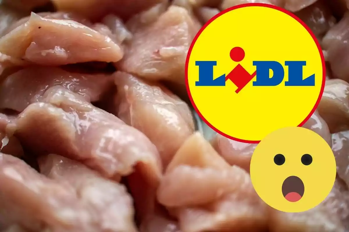 Piezas de pollo crudo con el logo de Lidl y un emoji sorprendido.