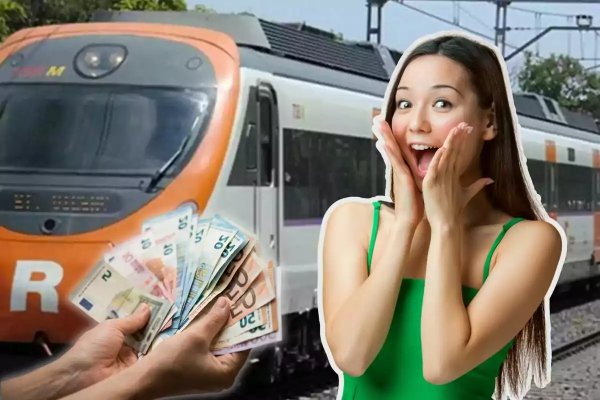 Una mujer emocionada junto a un tren y una mano sosteniendo billetes.