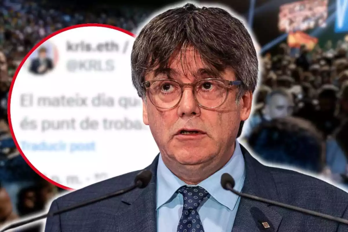 Montaje de Carles Puigdemont y un tuit criticando el acto Viva 24 de Vox