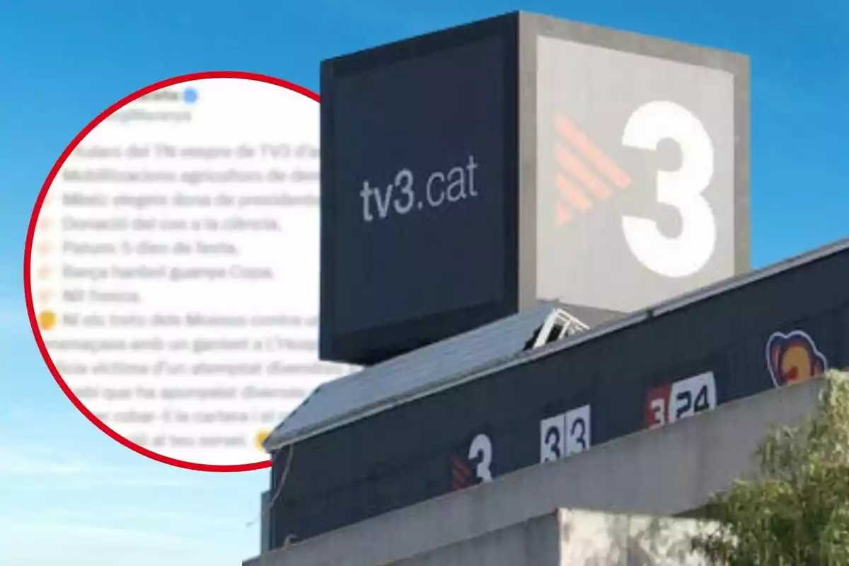 Montaje de los estudios de TV3 y un tuit desenfocado