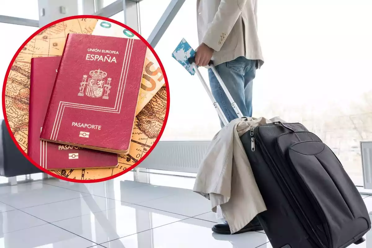 Un hombre de espaldas, con su maleta, y en el círculo, dos pasaportes españoles