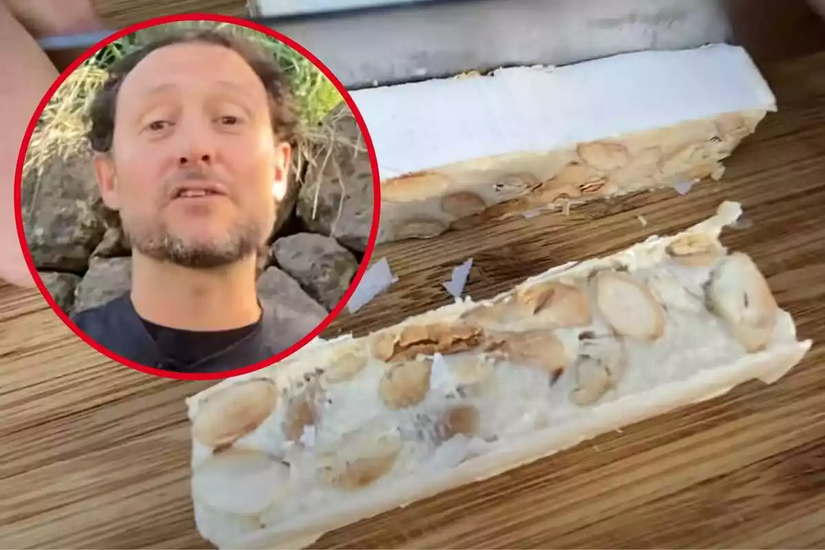 Montaje con el turrón blanco casero cortado con un cuchillo y un círculo con la cara del chef experto en repostería Guille Rodríguez