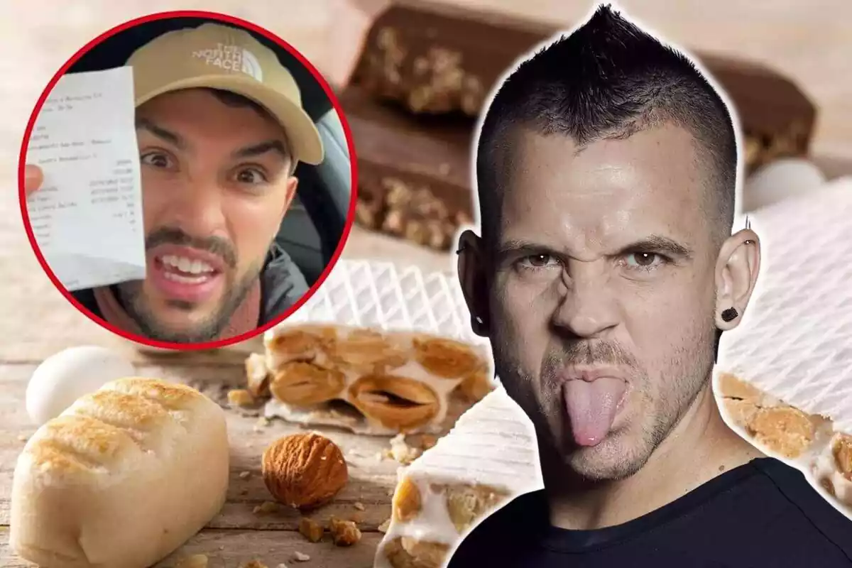 Montaje con varios trozos de turrón de fondo, el chef Dabiz Muñóz sacando la lengua y un círculo con el tiktoker Mario Baeza con un tiquet de compra