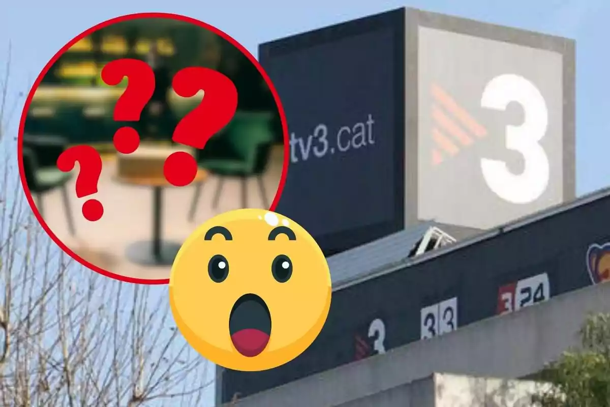 Un edificio con el logo de TV3 y un emoji sorprendido junto a un círculo rojo con signos de interrogación.