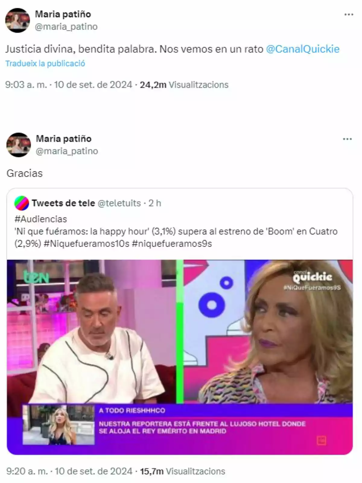 Captura de pantalla de dos publicaciones en Twitter de la cuenta @maria_patino. La primera publicación dice: Captura de pantalla de dos publicaciones en Twitter de la cuenta @maria_patino. La primera publicación dice:
