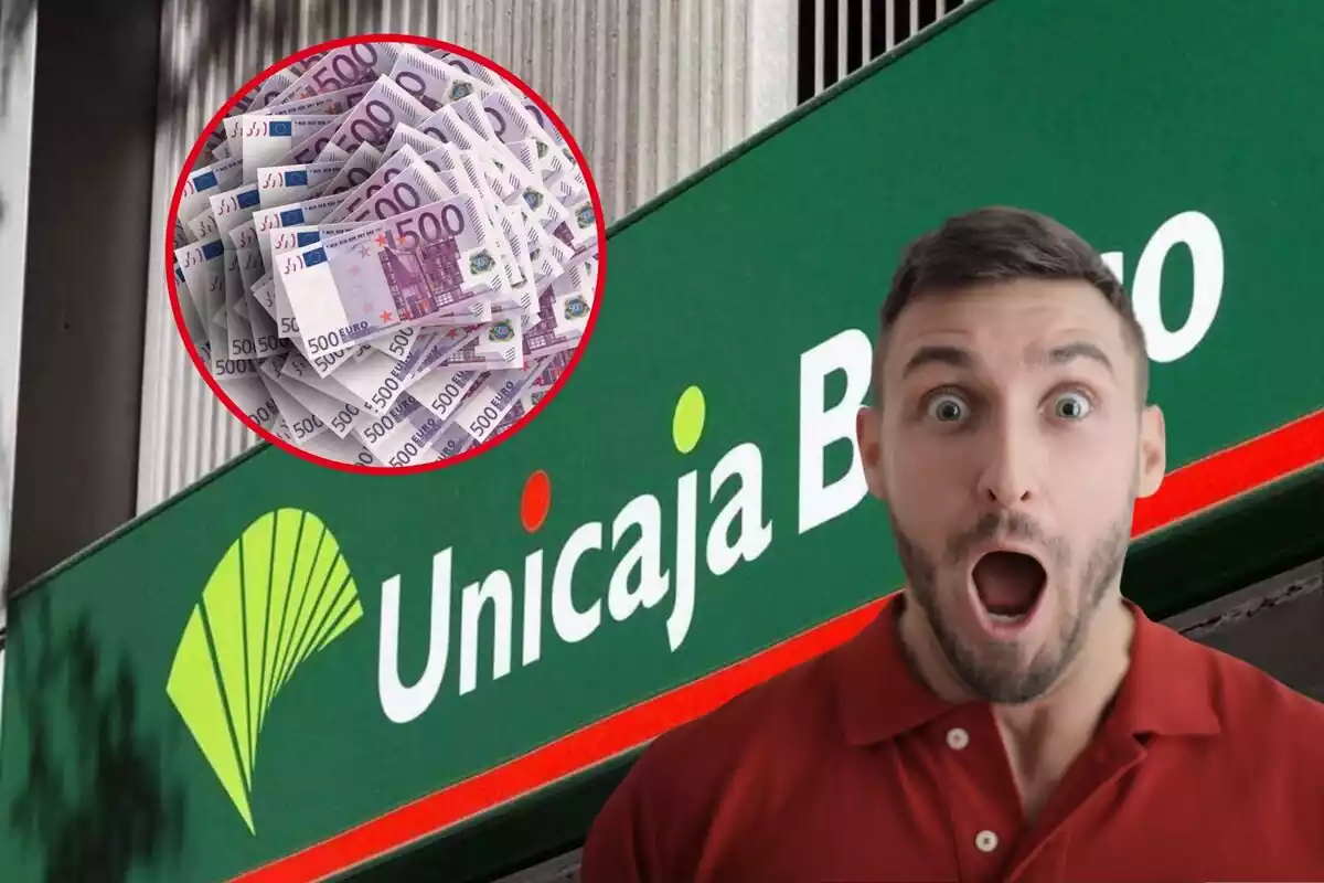 Montaje del logo de Unicaja, un hombre sorprendido y varios billetes