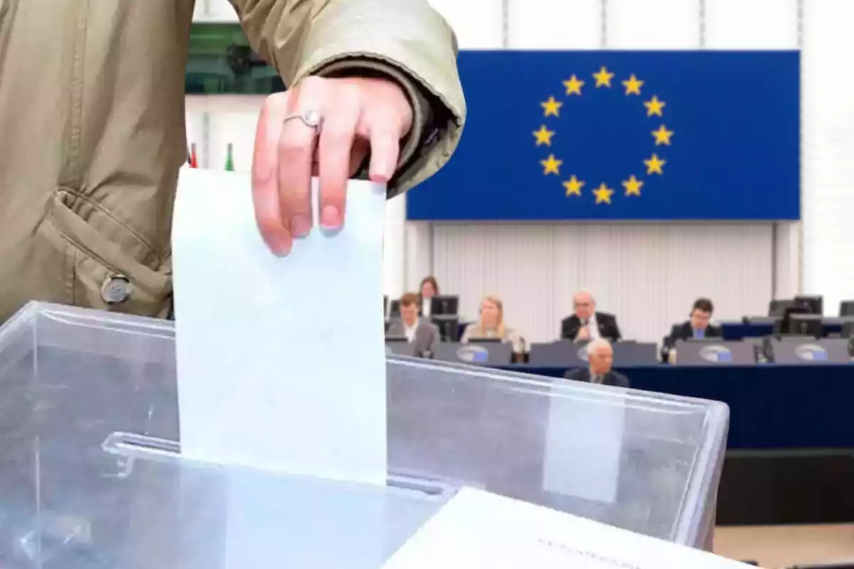 Montaje de una persona votando y el Parlamento Europeo