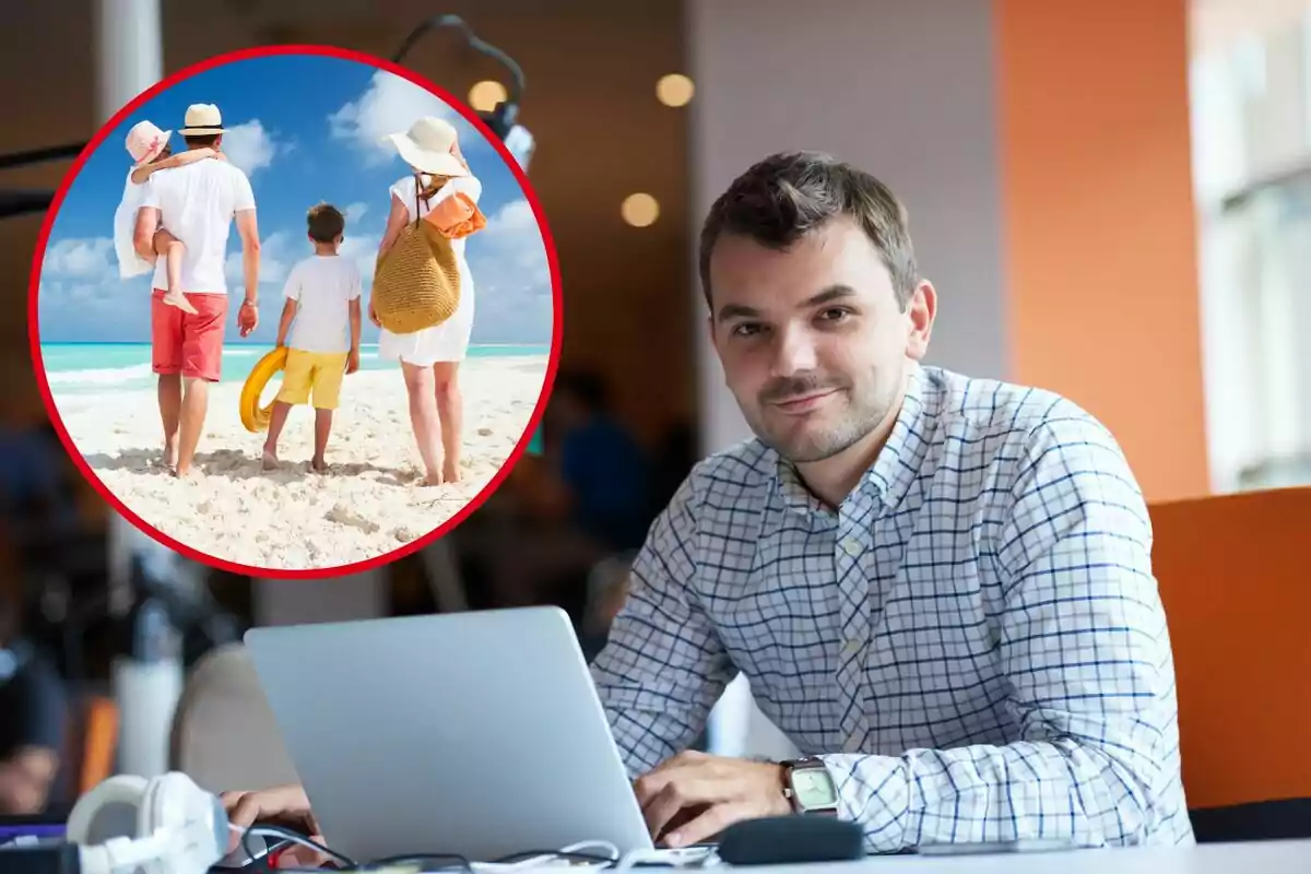 Un hombre trabaja delante del ordenador, y en el círculo, una familia en la playa