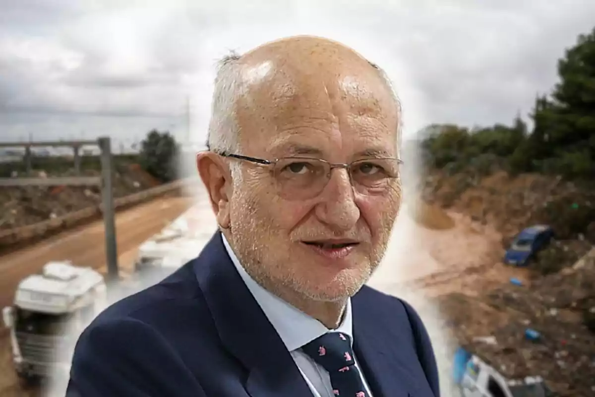 Juan Roig con gafas y traje está superpuesto sobre un fondo de un camino de tierra con árboles y vehículos.