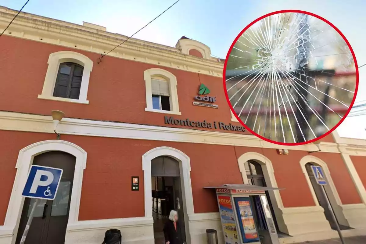 Montaje de estación de trenes de Moncada y Reixach y círculo con cristal roto.