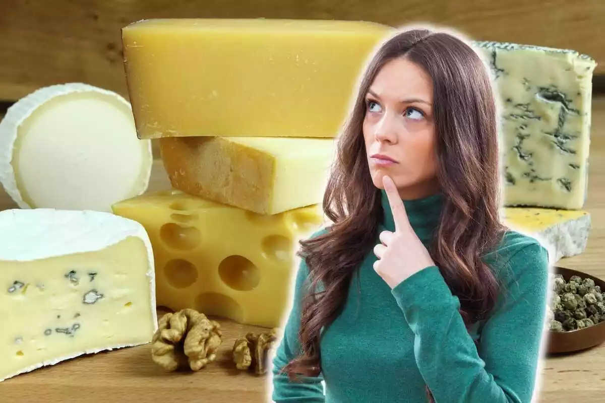 Montaje con varios quesos de fondo y una mujer con cara de estar pensando