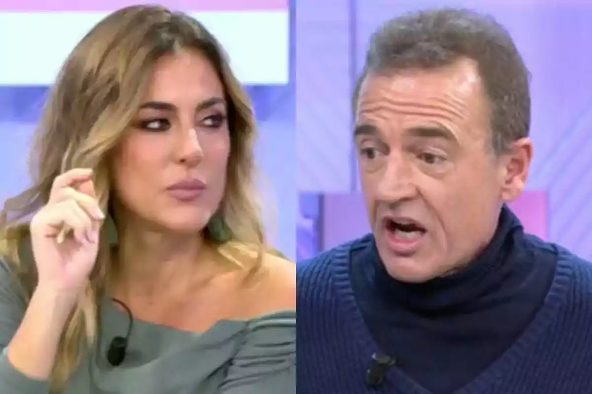 Verónica Dulanto con la mano levantada mirando a un lado a la izquierda con Alessandro Lequio hablando alterado, ambos en el plató de Vamos a ver.