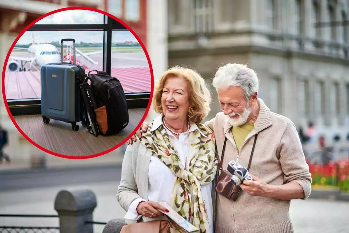 Una pareja de personas mayores sonríe mientras pasea por la ciudad, con una imagen insertada de equipaje en un aeropuerto.