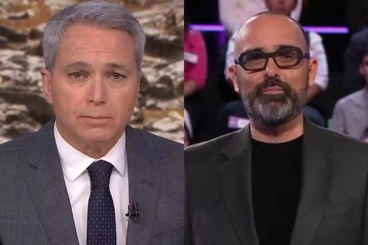 Vicente Vallés con expresión seria en Antena 3 Noticias a la izquierda con Risto Mejide con cara neutra en DEMOS: El Gran Sondeo a la derecha.